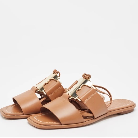 NWOB Tory Burch Gemini Link Lace Up Wrap Flat Royal Tan/Gold Leather Sandals - Picture 2 of 12